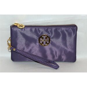 Tory Burch Gold Logo on Purple Nulon Zip Wristlet Pouch